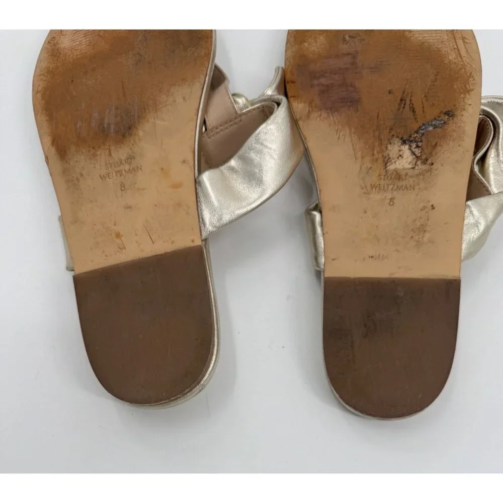 Stuart WeitzmanBandeau Metallic Gold Leather Bow Accent T- Strap Sandals Size 8